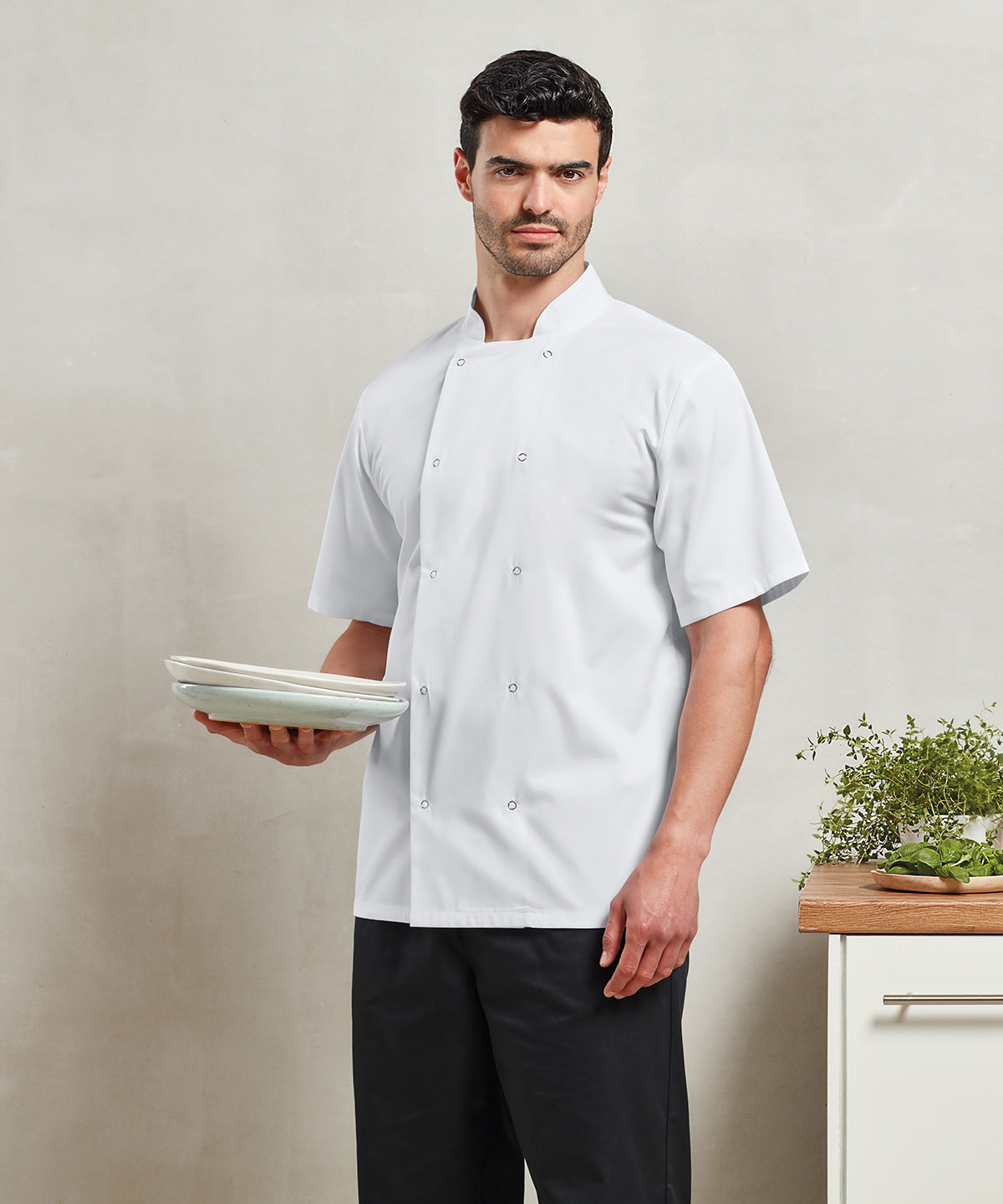 Studded front short sleeve chef