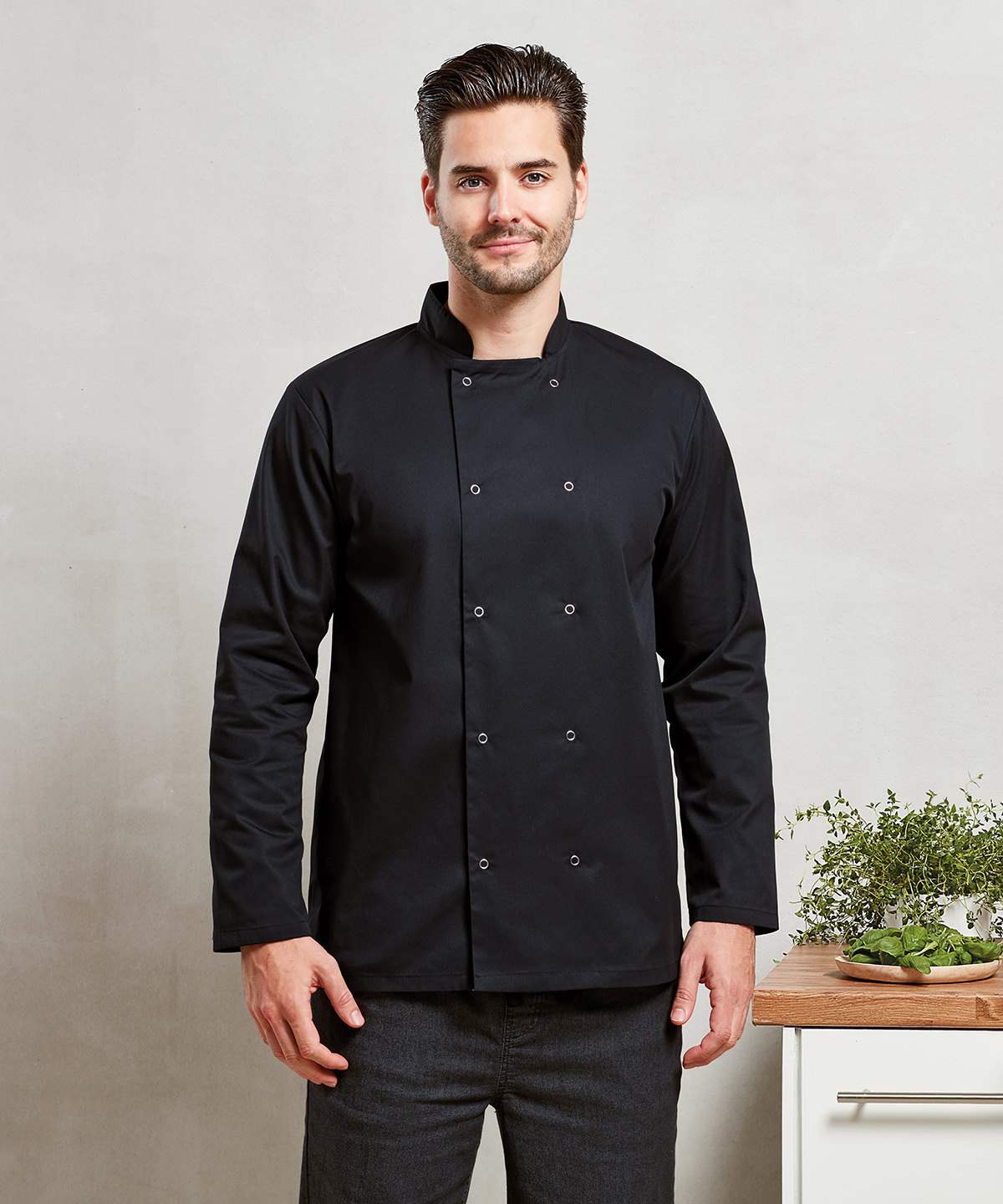 Studded front long sleeve chef